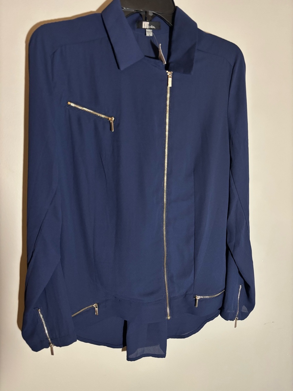 KUT From The Kloth Navy Zip Front Utility Jacket Gold Zippers M NWT